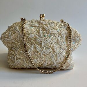 Vintage SIMON White Beige with Beads & Sequins Evening Bag